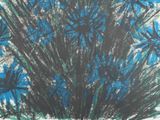 drawing of a blue and black abstract painting with trees in the background