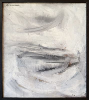 abstract painting of a boat on a white background with a black frame