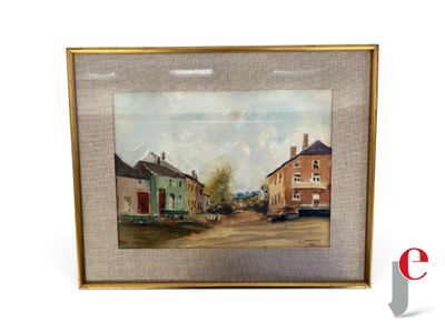 an image of a painting of a street scene with houses and cars