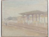 une image représentant une peinture d'une gare avec une personne qui passe à côté