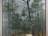 tableau représentant un sentier traversant une forêt avec une flaque d'eau