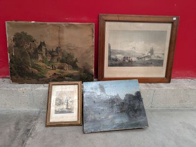 two framed pictures and a picture of a castle on a red wall
