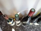 several bottles of wine are lined up in a bucket on a table