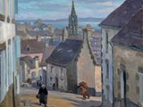 painting of a woman walking down a cobblestone street with a church in the background