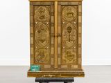 an image of a wooden cabinet sitting on top of a dolly