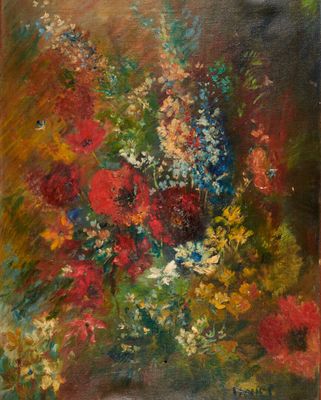 une peinture à l'huile représentant un vase de fleurs sur une table