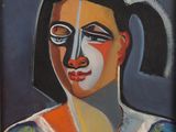 portrait of a woman in a blue dress with a red nose and black hair