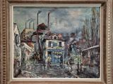 une peinture à l'huile représentant une scène de rue avec un train qui passe