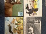 four different pictures of a dog and a cat on a table