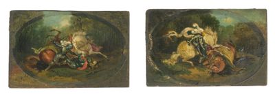 deux tableaux représentant un homme à cheval et une femme à cheval