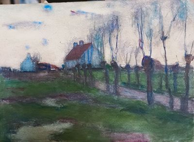 a picture of a painting on a easel of a farm