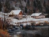 un tableau représentant un paysage enneigé avec une rivière au premier plan