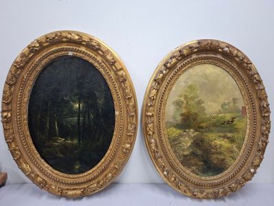 paire de peintures à l'huile françaises du XIXe siècle représentant un paysage boisé