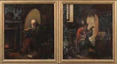 deux tableaux représentant un homme et une femme assis devant un miroir