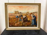 an oil painting of a group of people working in a field