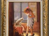 tableau représentant une jeune fille et un chat dans une pièce avec une fenêtre