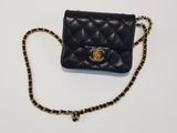a black chanel bag with a gold chain on a white background