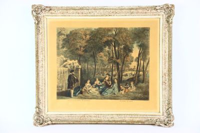 painting of a group of people sitting in a wooded area
