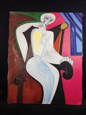 a painting of a man sitting on a chair