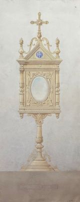 un tableau représentant une horloge posée sur un socle surmonté d'une croix