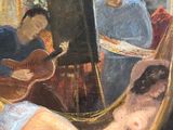 a painting of a woman sitting in a chair with a guitar in front of her