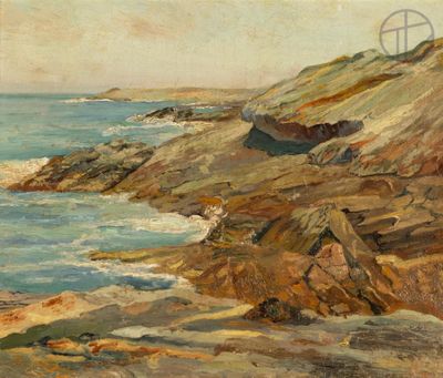 une image représentant une peinture d'une côte rocheuse avec un phare au loin