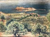 an oil painting of a view of a small town on a hill