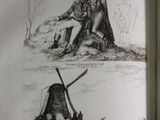 sketches of a man and a woman sitting on a bench in front of a windmill