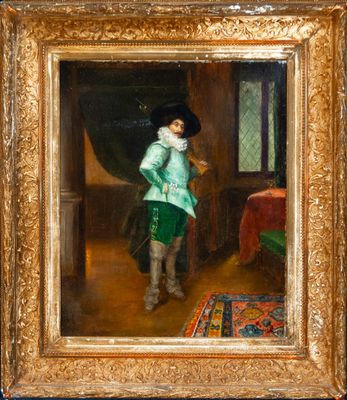 painting of a man in a green suit and hat standing in a room