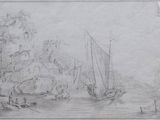 dessin représentant un bateau sur une rivière, avec un château en arrière-plan