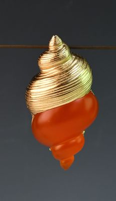 a gold and red shell hanging from a wire