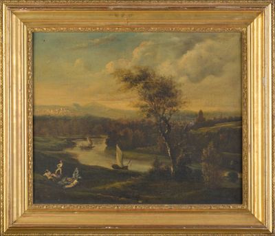 an image of a painting of a landscape with a river in the foreground