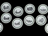 six assiettes ornées d'une image représentant une ville sur fond noir