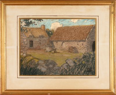 an image of a painting of a farm scene in a gold frame