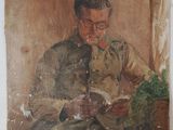painting of a man reading a book while sitting at a table