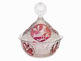 bonbonnière en cristal avec couvercle, orné de motifs rouges et blancs