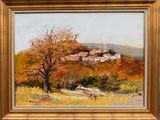 an oil painting of a landscape with a tree in the foreground