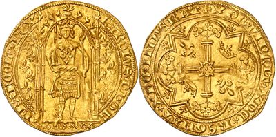 a gold coin with an image of a man holding a cross
