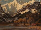 peinture représentant une chaîne de montagnes, avec un plan d'eau au premier plan
