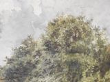 a watercolor painting of cows grazing in a field