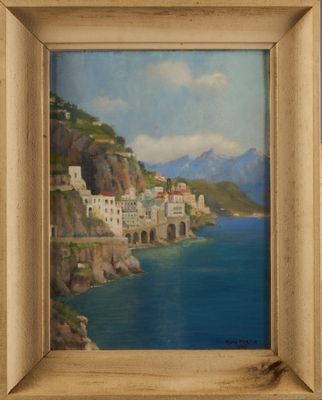 an image of a painting of a view of a town on the coast