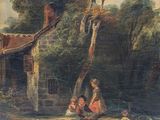 painting of a couple of people sitting on a bridge by a river
