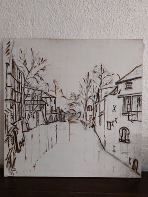 une photo d'un tableau représentant une rue sous la neige