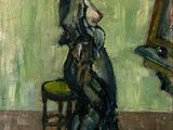 an oil painting of a woman sitting on a chair in front of a mirror