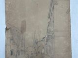 an old drawing of a street with people walking down it