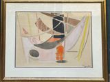 tableau représentant un homme dans un bateau avec un chien dans une baignoire