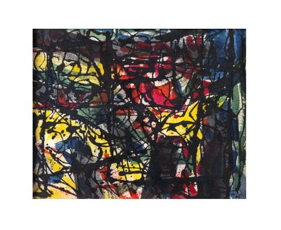 abstract painting of black, yellow, red, and blue colors