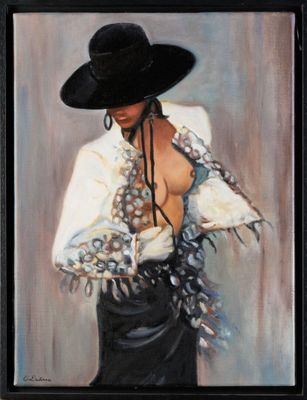 an oil painting of a woman wearing a black hat and a white shirt