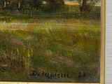an image of a painting of a field with a house in the background