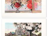 two paintings of flowers in a vase on a window sill